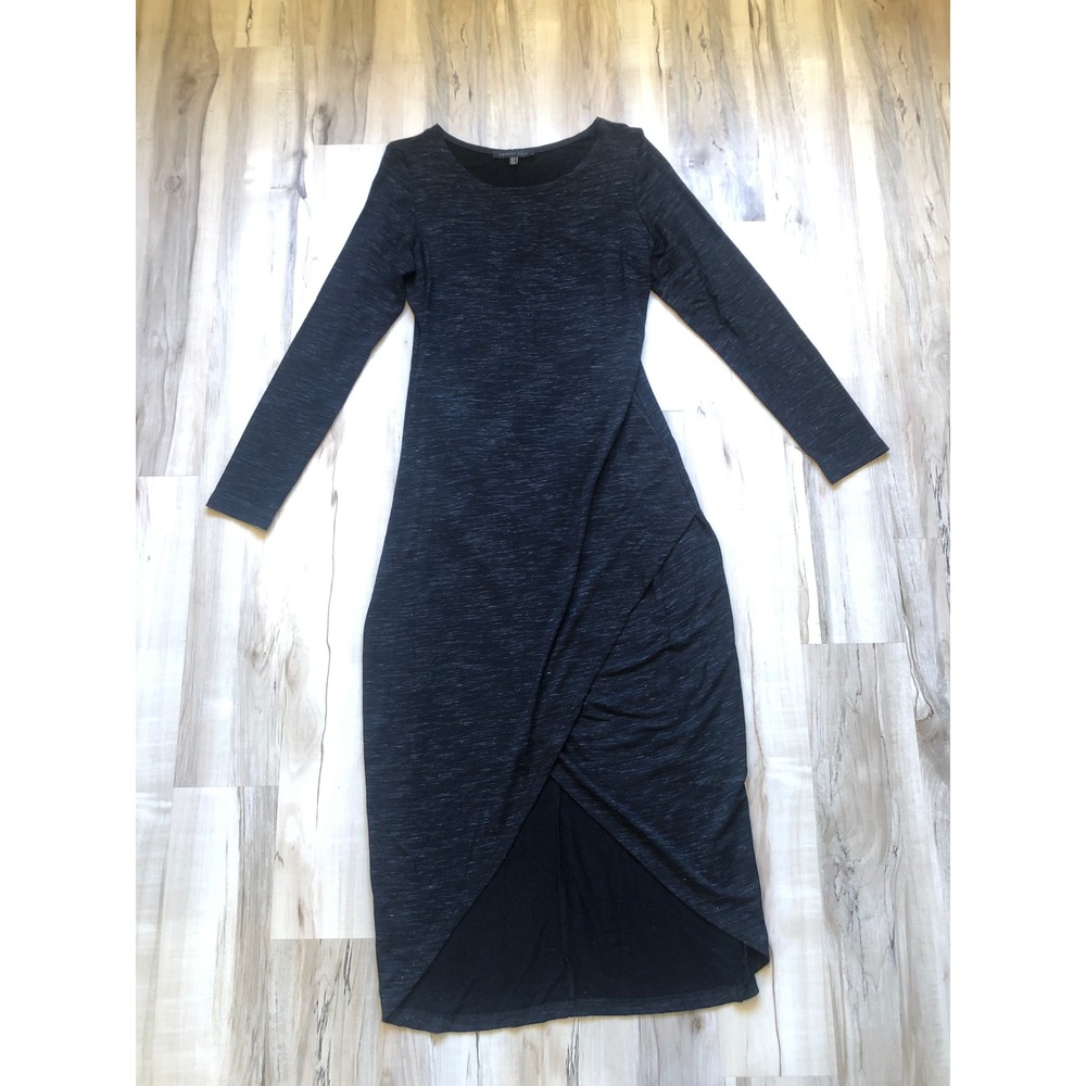 Forest Lily Charcoal Grey Space Dye Long Sleeve Tulip Hem Drape Midi Dress Large - Picture 2 of 13